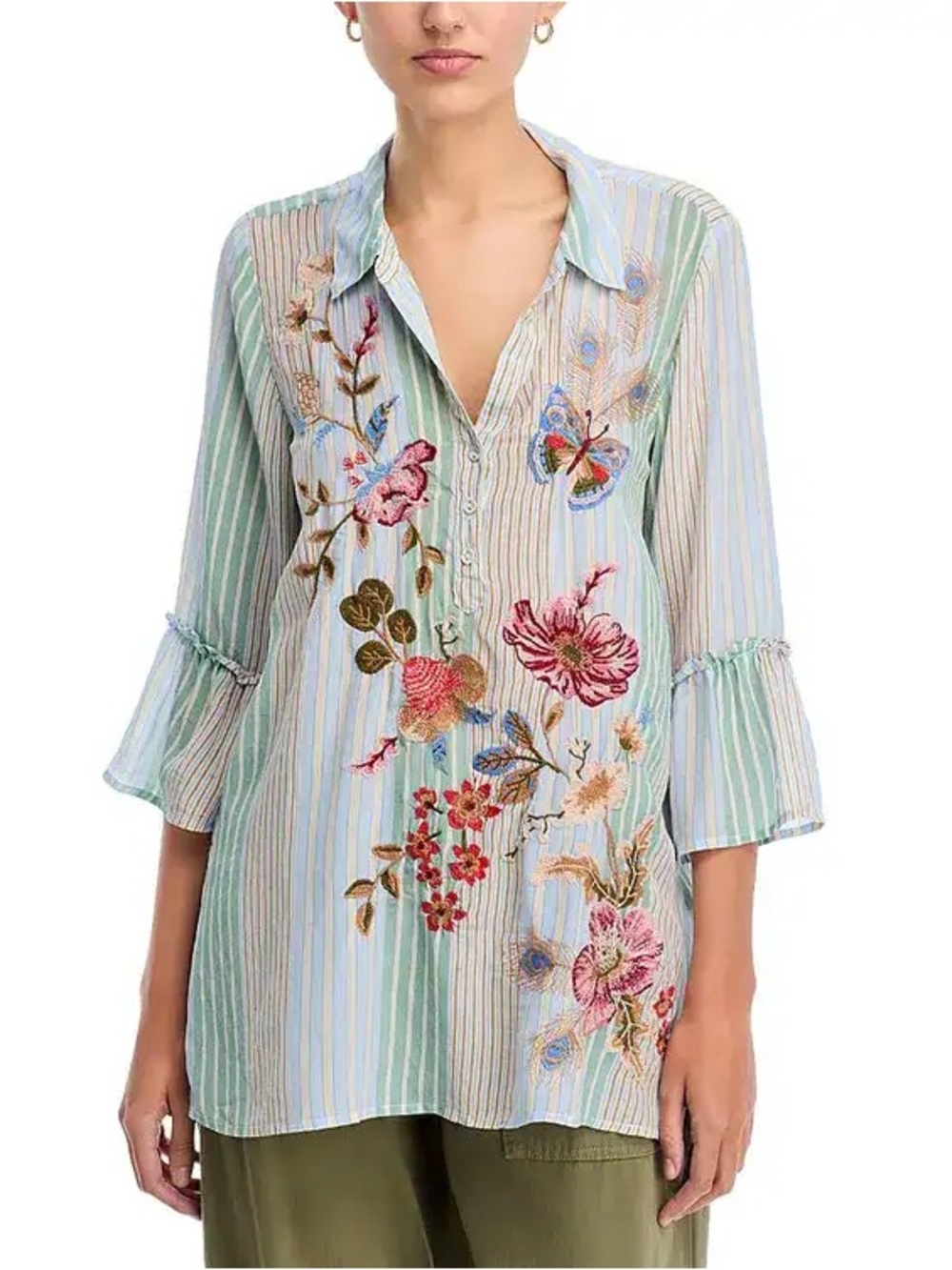 Johnny Was Silk Floral Ruffle Cuff Blouse - Zilly Stripe Print Size Small